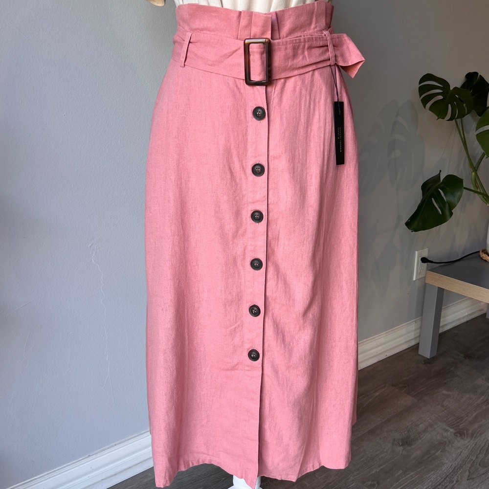 Linen Belt Pink Midi Skirt